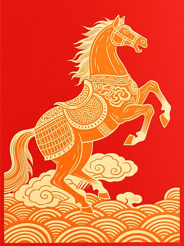 纵向竖幅构图，平视视角，背景为高饱和正红色，主体是一匹占画面 35% 比例的橙金色骏马，呈前蹄扬起的昂首奔腾姿态，朝向画面左侧，马身装饰着传统云纹与铠甲纹样，为版画式线条肌理。骏马悬浮于橙金色祥云与波浪纹样之上，底部的波浪纹样与祥云自然衔接，营造出奔腾向上的动感。所有元素通过色彩对比与线条呼应形成统一视觉叙事，整体风格复古且充满力量感