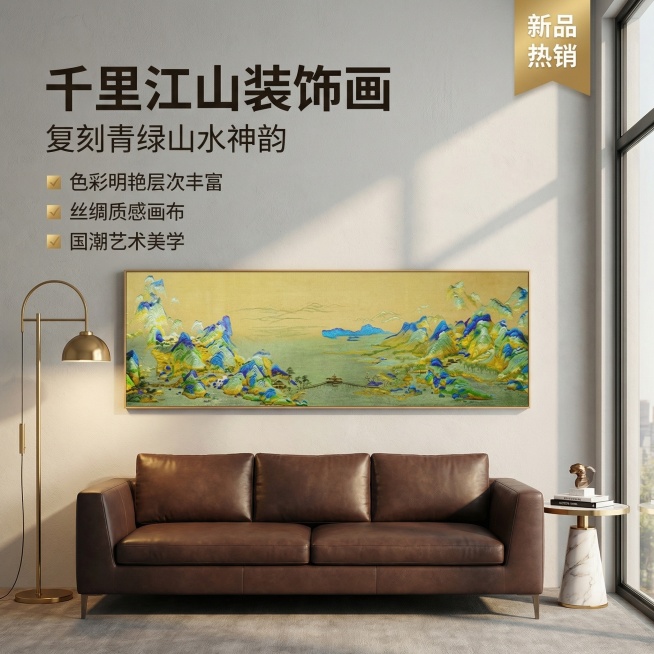 以千里江山装饰画为主体，画中青绿山水与原图完全一致，丝绸质感画布，陈列在轻奢风格客厅中，墙面为浅灰色艺术漆，下方摆放深棕色真皮沙发，旁侧搭配黄铜金属落地灯与大理石边几，午后暖光从落地窗洒入，光影柔和高预览效果