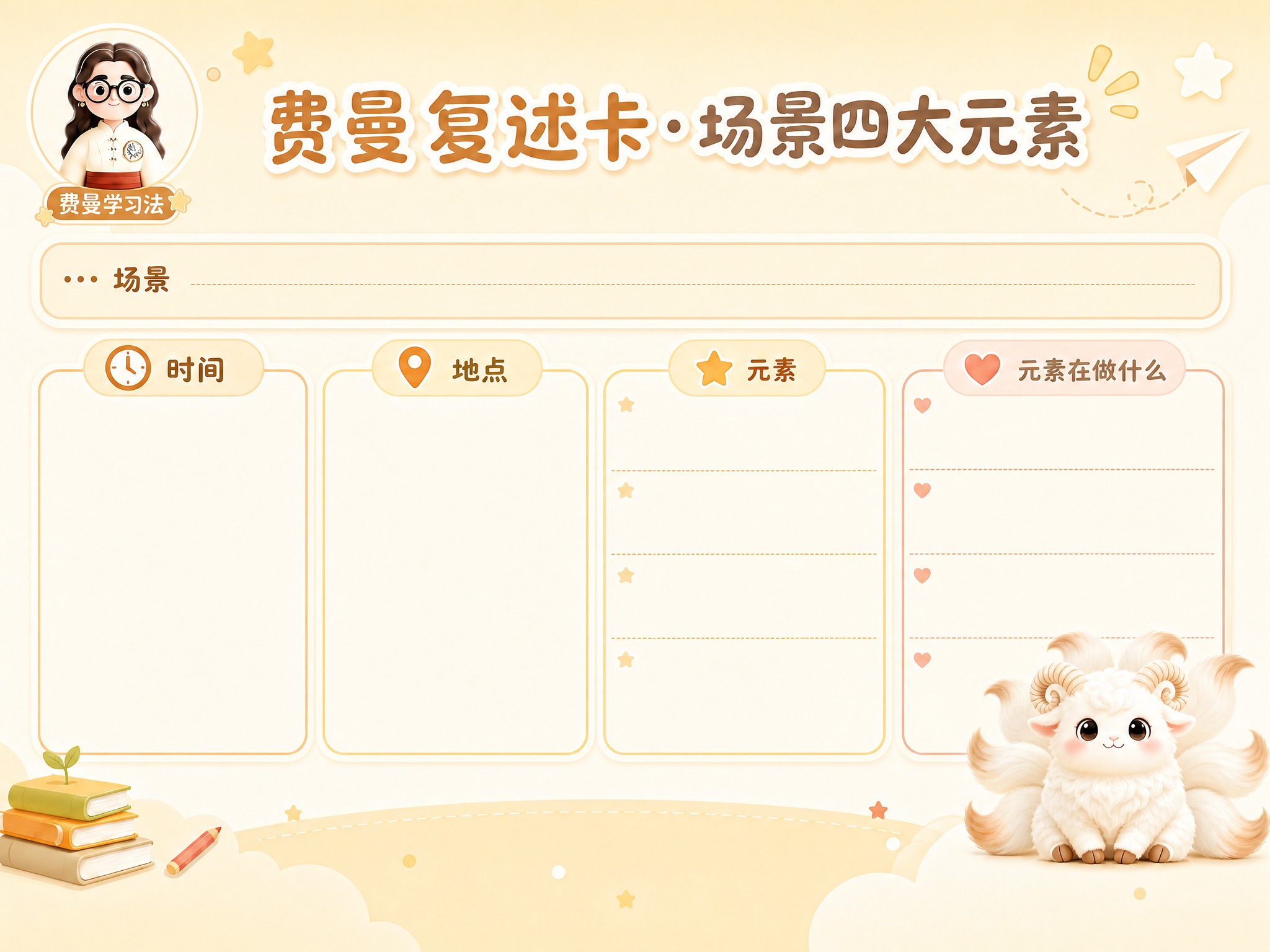 将这张费曼复述卡模板的整体风格改为米黄色暖色调，背景改为柔和的… - 图片创意预览