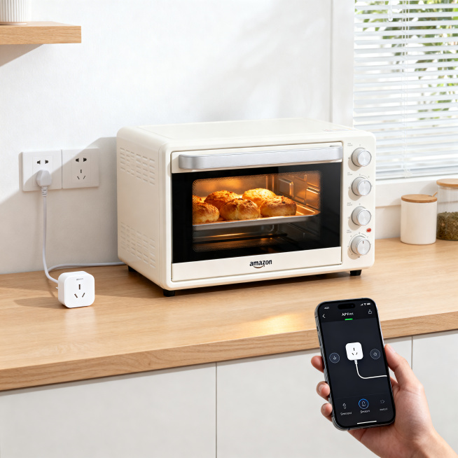 Key Elements: White smart plug, off-white home oven (with baked food inside), hand-held smartphone i预览效果