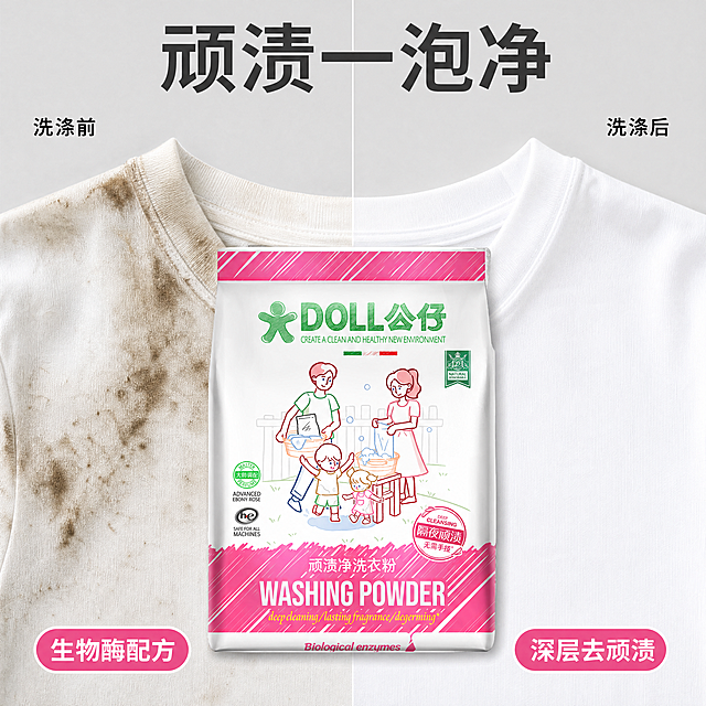 [主图-2] 公仔顽渍净洗衣粉去污效果展示图。
[氛围风格] 对比直观，干净可信，真实生活场景感。
[画质] 商业摄影质感，光线均匀通透，对比清晰，产品细节真实，文字清晰可辨，超高清。
[元素] 左右分栏对比构图：左侧展示沾有顽固污渍的衣物局部，颜色发暗污渍明显；右侧展示经过洗衣粉洗涤后洁净鲜亮的同款衣物。公仔洗衣粉包装袋竖直放置在画面中下位置居中，横跨两个对比区域。保持洗衣粉包装外观与输入产品图绝对一致，杜绝变形色差。商品主体占比约60%，画面满屏无边框。
[光影] 整体光线均匀明亮，左右光照一致，清晰突出对比效果，没有强烈阴影，对比区域层次分明。
[配色] 背景为浅灰色干净底色，左侧污渍区域自然真实，右侧洁净区域颜色鲜亮，产品包装色彩保持原有粉白绿搭配。
[视角构图] 平视视角，左右对比布局，直观清晰，主体突出。
[文字版式] 顶部居中大字主文案写"顽渍一泡净"，深灰色粗体；左侧对比区上方小字标注"洗涤前"，右侧对比区上方小字标注"洗涤后"，黑色清晰字体。底部左侧标注核心卖点"生物酶配方"，粉色标识白色文字，右侧标注"深层去顽渍"，同样风格标识。文字不遮挡产品主体和对比核心区域。
[比例分辨率] 1:1比例，4K分辨率。
[负向提示词] 变形，水印，文字错乱，产品模糊，背景杂乱，夸张对比失真，文字遮挡主体。