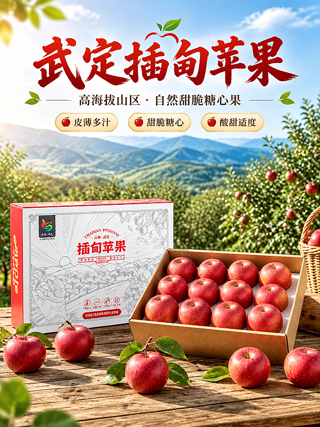 [商品] 使用【图1】插甸苹果礼盒产品图；保留红白礼盒包装、"插甸苹果"红色大字、"云南·武定"字样、彩色Logo、苹果线描图案、整体结构和颜色；礼盒自然摆放，增强包装质感和印刷清晰度。打开的礼盒内红苹果整齐排列，保持真实摆放状态。
[画面] 食欲氛围头图，上文下图版式，上方30%区域为文字区，下方70%为产品场景。产品礼盒与打开的苹果托盘置于木质桌面上，桌前散落带绿叶的红苹果，右侧有藤编苹果篮，背景是阳光明媚的高原苹果园和层叠远山，蓝天暖阳。产品占画面约55%。三层视觉：前景苹果+叶片、中景礼盒与木桌、后景苹果园远山蓝天。
[视觉] 套系策略：风格=高原果园自然清新商业摄影；标题字=手写书法粗体；正文字=简洁宋体；主色=苹果红+高原绿+天空蓝；背景延展=基于高原绿和天空蓝做深浅层级、阳光光晕和自然山地质感；强调色=暖金黄，仅用于小面积标签、图标和高亮；标题色=深苹果红；正文色=深棕灰；组件=圆角浅米色信息卡、细苹果叶引线、苹果小图标；光影=左前侧高原暖自然光，明亮通透。
[文字] 顶部居中主标题"武定插甸苹果"，副标题"高海拔山区 · 自然甜脆糖心果"，下方3个短卖点胶囊："皮薄多汁"、"甜脆糖心"、"酸甜适度"。文字均为横排，不遮挡礼盒主体。
[规格] 图片比例3:4竖版，4K，quality=medium，避免变形、错字、文字过小、冷灰调、包装文字错乱、产品失真。