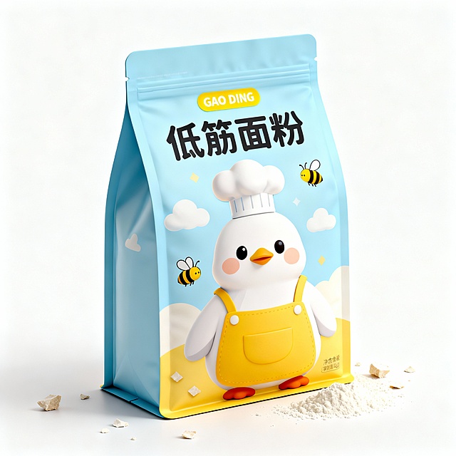 " 低筋面粉自立袋包装设计，45 度侧前方视角（略微俯视），卡通可爱风格，主色调浅蓝 + 暖黄；包装正面中文 ' 低筋面粉 '，顶部黄色小标写 'GAO DING'；包装插图：画面主体是戴厨师帽、穿黄围裙的白色卡通企鹅，点缀蜜蜂、云朵、面粉碎粒；纯白色背景，3D 立体渲染，高清质感，温馨治愈，细节丰富"