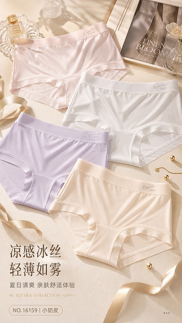 [商品] 使用【图1】和【图4】的冰丝内裤，多色同框（奶白、浅粉、浅灰、浅紫）；保留腰边英文印唛、无痕腰腿设计、冰丝面料质感、产品编号NO.16159；商品处理：自然理顺面料褶皱，增强冰丝通透光泽与细腻织纹，强化缝线与腰边印唛清晰度，不改变版型、颜色和结构。
[画面] 页面目标：风格头图海报，建立高级品牌感与凉感轻薄的第一印象。构图：竖版9:16，上半部分为产品主视觉，3-4条不同颜色内裤错落平铺在浅米色肌理背景上，呈对角线排布；产品占画面约55%。前中后景：前景散落金色小装饰/丝带，中景为内裤主体，后景为同色系渐变柔化背景+一本杂志/相框道具。阅读动线：从上至下，先看产品再看底部文案。
[视觉] 套系策略：风格=高级轻奢商业摄影风，温柔奶油色调；标题字=纤细优雅衬线体，字重中等；正文字=简洁无衬线体；主色=浅米色（奶油米白）；背景延展=基于浅米色做深浅渐变、同色肌理层次、细腻织物/哑光纸张质感；强调色=香槟金色，仅用于小面积装饰线、英文点缀、标签描边、局部高光；标题色=深棕褐色；正文色=暖灰褐色；组件=细线金色分隔、圆角浅米信息卡、手写感英文装饰；光影=左前侧柔暖自然光，柔和阴影，通透光感。
[文字] 画面中下偏左位置放主标题，主标题8字以内"凉感冰丝 轻薄如雾"，副标题"夏日清爽 亲肤舒适体验"，下方配小号英文"ICE SILK COLLECTION"金色装饰；文字不遮挡内裤主体和腰边印唛。
[规格] 图片比例9:16竖版，4K分辨率，淘宝/天猫详情页风格；避免变形、错字、文字过小、冷蓝背景、颜色失真、低俗擦边、绝对化用语、白底孤立单品。
