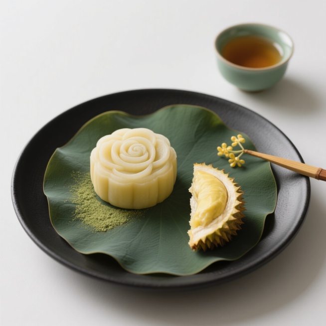 新中式禅意美学风格，黑色哑光陶盘直径15cm，盘底铺3片深绿圆形干荷叶，陶盘上放置1枚完整榴莲冰皮月饼和1枚切半月饼。完整月饼圆形，冰皮透黄，表面雕刻不明显的玫瑰纹，至少2层花瓣堆叠，纹路浅显边缘平滑预览效果