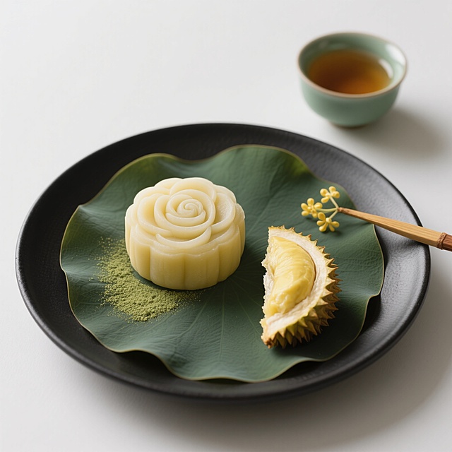 清新中式糕点，简约水墨风设计，绿叶衬托，茶香四溢。