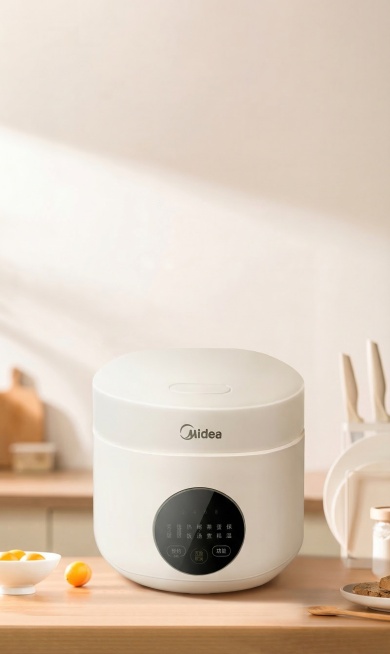 将图一的美的白色电饭煲放到图二的木质餐桌台面居中位置，严格保持原电饭煲的外观样式、品牌logo和控制面板文字完全不变，让电饭煲光影和背景环境匹配，融合自然预览效果