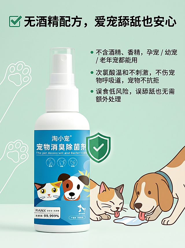 [主图2] 核心安全优势页主图，氛围风格延续清新治愈宠物用品商业风，画质商业摄影质感光线柔和通透产品清晰真实画面干净高级，元素产品特写搭配绿色安全盾牌图标和宠物舔舐的简约示意图，背景延续浅薄荷绿主调左侧加简约宠物爪印线条装饰，保持产品外观物理结构材质质感颜色与输入产品图绝对一致杜绝任何变形和色差精细化处理，商品主体占比严格控制在65%左右画面满屏无边框，光影柔和均匀主光打亮产品特写区域辅光填充背景暗部，配色主色调浅薄荷绿搭配绿色安全元素点缀，视角构图左产品右图文的平衡构图景深适中，文字版式主标题「✅ 无酒精配方，爱宠舔舐也安心」大号粗体无衬线字放置在画面顶部居中，分点说明文字「不含酒精、香精，孕宠 / 幼宠 / 老年宠都能用」「次氯酸温和不刺激，不伤宠物呼吸道，宠物不抗拒」「误食低风险，误舔舐也无需额外处理」分三行左对齐排列在产品右侧区域，文字颜色为深绿与浅薄荷绿背景形成强烈对比清晰易读，文字不遮挡产品主体，比例分辨率3:4比例2k分辨率文字清晰锐利画面超高清，负向提示词变形水印文字错乱产品图模糊背景杂乱