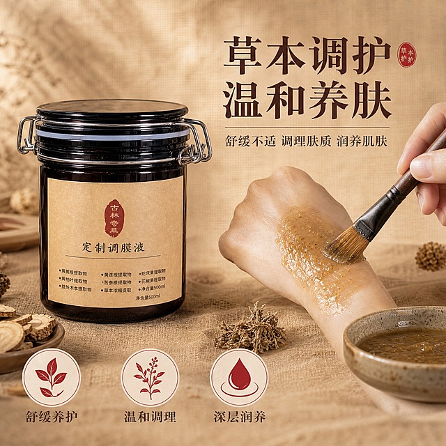 [主图-3] 功效展示，突出草本调膜液的温和养护功效与使用价值。
[统一基调] 中式草本风格，背景主色为深棕褐色与暖米色，标题字色为深棕色，辅助字色为暖米色，强调色为朱砂红，字体为干净的宋体衬线体，整体传递专业、天然、古法草本的品质感。
[画面] 产品位于画面左侧，占画面约45%，深棕色卡扣玻璃罐完整展示。右侧展示调膜使用场景：一只干净的手（仅手部，不露脸）正用毛刷将调膜液调和后的膜体涂抹在手背或手腕内侧，展示质地温润的状态，旁边放置一个陶瓷小碗，碗中有调好的草本膜体。背景为暖米色中式麻布纹理，整体氛围温暖舒适。画面底部有三个圆形功效图标，分别对应"舒缓养护"、"温和调理"、"深层润养"。
[光影质感] 柔和自然光，产品与场景光影统一，手部皮肤质感真实，膜体质地清晰可见，商业摄影质感。
[配色] 暖米色主背景，深棕色文字，朱砂红图标点缀，草本黄褐色调。
[文字版式] 右上角主标题大字"草本调护 温和养肤"，下方三行小字功效说明"舒缓不适 调理肤质 润养肌肤"。底部三个圆形图标各配一个两字功效词。文字横排，主标题最大最粗。
[输出要求] 1:1比例，2048x2048像素，产品清晰不变形，手部自然无畸形，文字清晰可读，无水印无平台Logo。负向：手部畸形、产品变形、功效夸大表述、画面杂乱、医疗暗示。