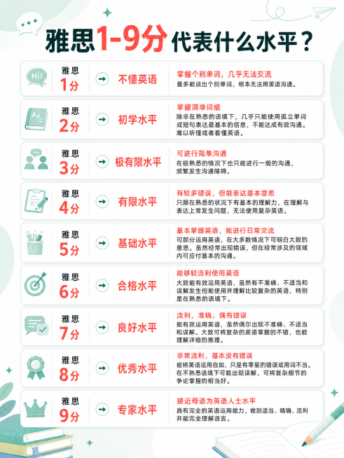 整合两张图片内容，更换更清新的图文模板，调整配色，保留所有关于雅思1-9分水平的文字信息，生成图片比例为3:4预览效果