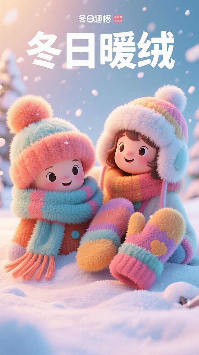 软3D风萌趣人物，毛发生长质感绒帽围巾，梦幻雪景中传递冬日温馨，色彩柔和，趣味十足，营造可爱暖绒氛围。