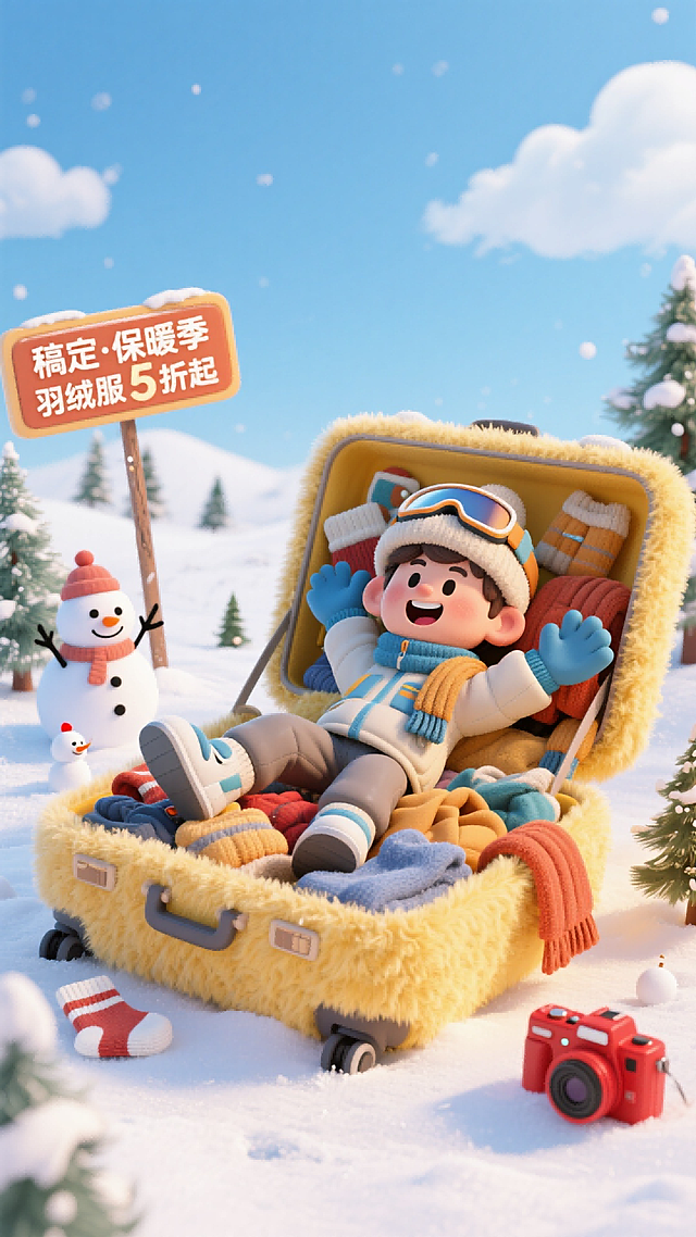 一个卡通男生，穿着滑雪服饰、戴着滑雪镜和帽子，躺在打开的黄色毛绒行李箱里，里面有许多围巾、保暖服饰、袜子等，夸张动作；周围点缀一个小雪人、松树、红色相机、写有“稿定·保暖季”“羽绒服5折起”的标识牌，背景是蓝天白云和雪地