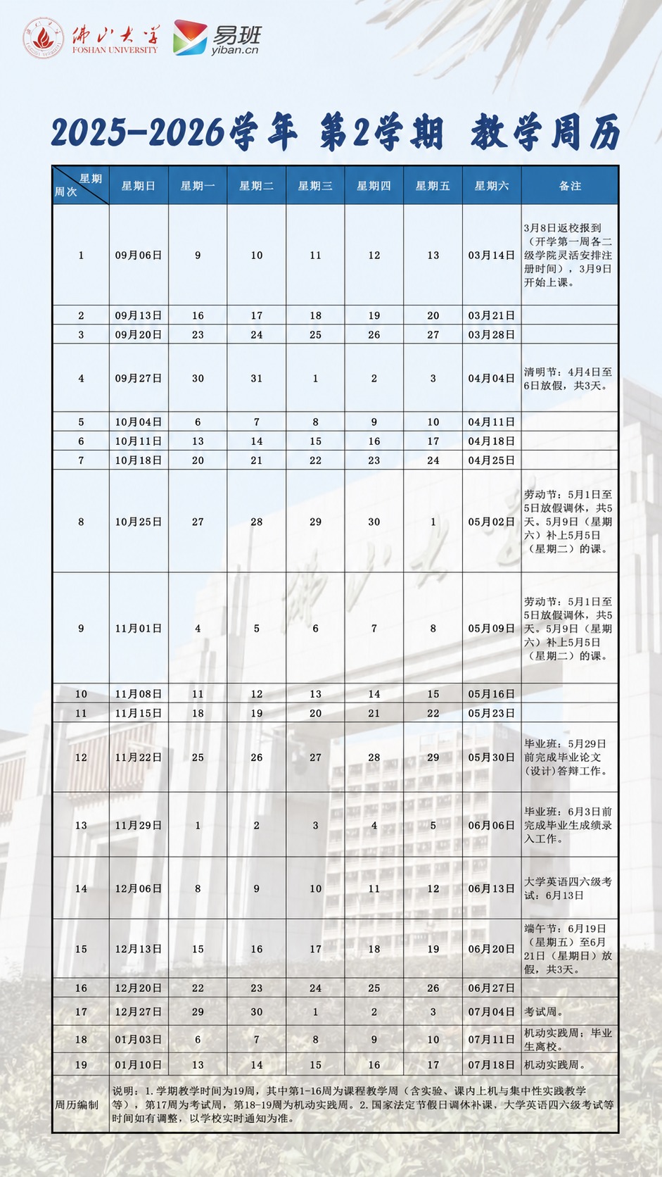 将这张教学周历图片中“星期日”列从上到下的19个日期依次替换为… - 图片创意预览