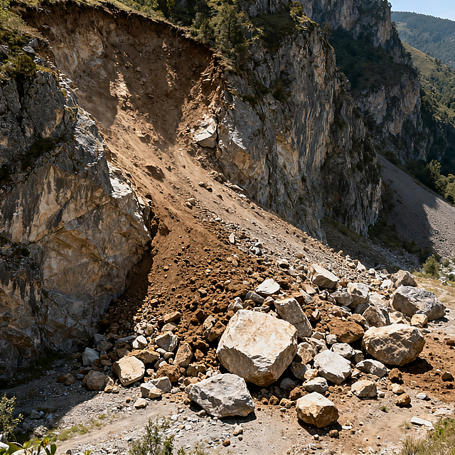 地质灾害崩塌场景实拍图，陡峭斜坡岩土突然脱离母体滚落堆积在坡脚，户外山区，自然写实科普配图