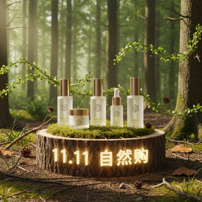 以自然森系绿棕为主色调，中央是木质苔藓覆盖的树桩形展台，展台上摆放产品，展台下方悬挂 “11.11 自然购” 发光字，商品为草本植萃包装美妆品，背景有绿叶飘带、松果球形装饰等。预览效果