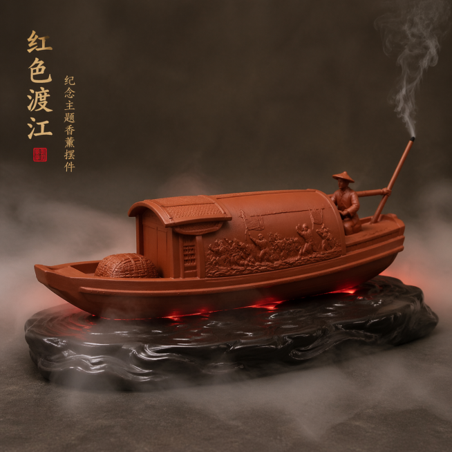 简约风格红色纪念主题坭兴陶乌篷船香薰雕塑摆件，船身保留造型，以抽象浮雕体现红色渡江主题，渔翁造型点缀，船篙为香薰出烟口，置于玄色树脂江水基座，内置超声波雾化和可编程RGB灯带，弥漫水雾营造朦胧晨雾意境预览效果