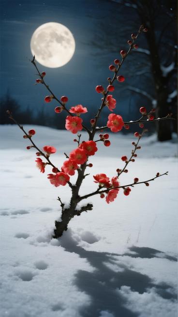 宁静的雪夜中，一棵孤立的梅树繁花盛开。枝头缀满鲜艳的红花，被一轮满月空灵柔和的光芒照亮。积雪反射着月光，创造出一种魔幻而宁静的场景。电影般的光影，奇幻艺术，梦幻感，高度细节，氛围浓厚。预览效果