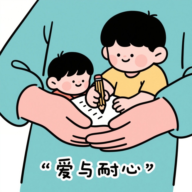特写交叠的双手，成人手掌托着孩子小手正在写字，铅笔阴影中浮现"爱与耐心"字样，极简线描风格预览效果