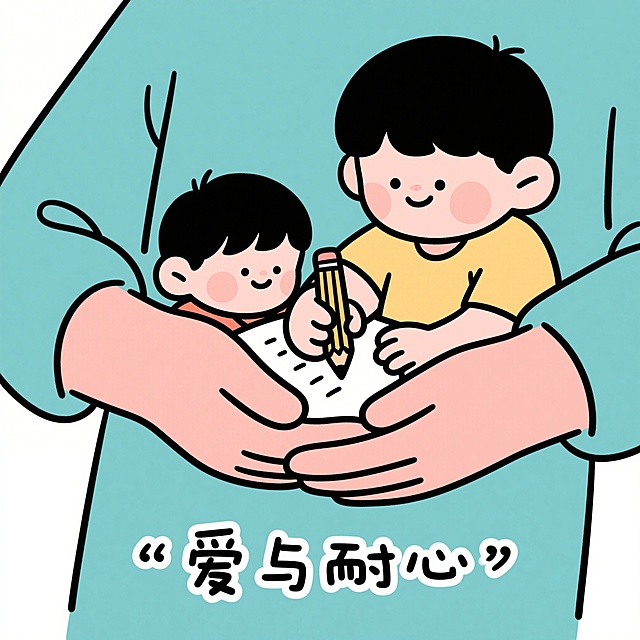 特写交叠的双手，成人手掌托着孩子小手正在写字，铅笔阴影中浮现"爱与耐心"字样，极简线描风格
