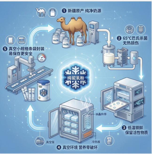 参考原图等轴卡通插画风格，设计电商详情页驼乳粉生产流程图，浅蓝色科技背景，共五个生产步骤流程：1 鲜驼奶采集，画面配骆驼和奶罐，文字标注"新疆原产 纯净奶源"；2 鲜驼奶预处理，画面配杀菌设备，文字标预览效果