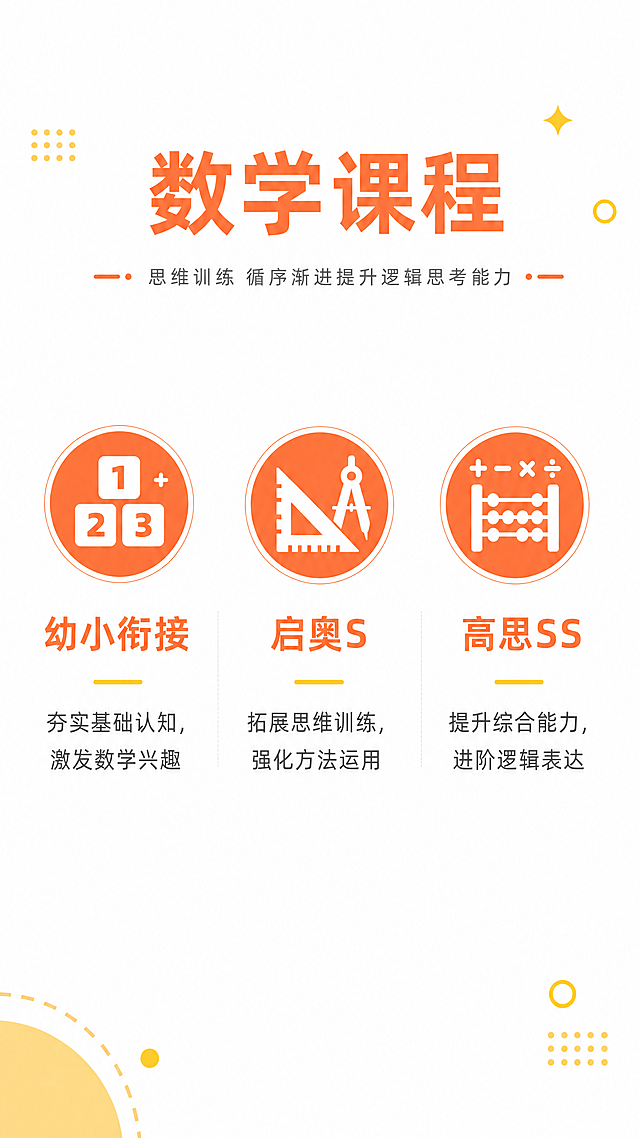[第4屏] 数学课程详细介绍页，展示朗优教育数学课程培养方向。
[氛围/风格] 延续整套详情页清新活力教育培训风格，配色风格和前几屏保持统一，专业明快。
[元素布局] 顶部大标题突出「数学课程」，主标题下方用副标题说明课程理念，下方三栏网格布局展示三个课程方向：幼小衔接、启奥S、高思SS，每个方向搭配圆形图标+文字说明，整体分区均匀清晰，布局和上一屏英语课程介绍页保持对称统一。所有文字结构完整可编辑，配色和数学板块原颜色保持一致。
[光影质感] 整体光线均匀明亮，图标和文字对比度适中，阅读轻松舒适。
[配色色系] 全局底色：#ffffff（纯白）；主题色：#ff7a45（橙色）和原图数学板块保持一致；辅助色：#fecd2f（黄色）点缀；整套详情页风格统一。
[视角构图] 9:16竖向满版构图，从上到下依次是标题、理念、课程模块，信息层级清晰，和上一屏结构对称。
[文字版式] 顶部主标题「数学课程」大字橙色加粗，副标题「思维训练 循序渐进提升逻辑思考能力」小字浅色；三个课程模块横向分布，每个模块圆形橙色图标在上，课程名称文字在下，文字大小统一，移动端清晰可读。
[比例分辨率] 9:16竖版比例，4K分辨率，文字清晰可辨，超高清。
[负向提示词] 文字错乱，排版不对称，图标变形，颜色偏差，水印，违规极限词，背景杂乱。
