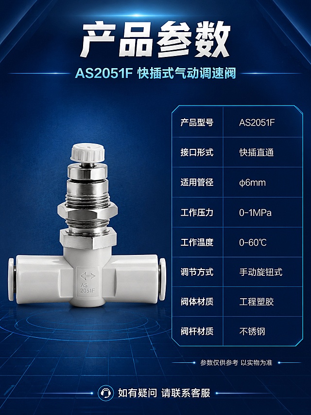 [第10屏] 产品信息-AS2051F调速阀规格参数收口页（最后一屏）。本屏使用【图1】作为产品主体。
[氛围/风格] 深蓝工业科技风，严谨参数表，冷调专业，商业摄影质感。
[元素布局] 画面左侧为AS2051F调速阀产品图，占比约40%，正面平视角度，完整展示产品全貌。**保持产品外观（结构、材质、颜色、AS2051F标识）与输入产品图一致，杜绝变形色差**。右侧为规格参数表，深蓝底白字表格。背景深蓝渐变，底部有淡蓝色技术网格线。画面满版。
[光影质感] 冷调正面柔光，产品受光均匀，金属高光清晰，整体光影稳重、专业。
[配色色系] 全局底色 #0F3460 深蓝渐变；主色白色文字与产品；辅助色冰蓝表格标题栏；表格行深蓝交替底。
[视角构图] 左右结构，左产品右参数表，阅读动线从左到右、从上到下。
[文字版式] 顶部主标题「产品参数」，白色超大号粗体无衬线居中；副标题「AS2051F 快插式气动调速阀」，冰蓝色中号居中。右侧参数表8行，左列参数名白字，右列参数值浅灰字：「产品型号 AS2051F」「接口形式 快插直通」「适用管径 φ6mm」「工作压力 0-1MPa」「工作温度 0-60℃」「调节方式 手动旋钮式」「阀体材质 工程塑胶」「阀杆材质 不锈钢」。表格底部小字「参数仅供参考 以实物为准」。最底部一行服务提示「如有疑问 请联系客服」。
[比例分辨率] 3:4 竖版比例，4K分辨率，文字清晰可辨。
[负向提示词] 变形，水印，文字错乱，产品模糊，背景杂乱，结构错误。