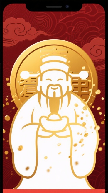 手机壁纸，国潮风格，财神的简约轮廓，用金色线条勾勒，内部填充着流动的金色粒子效果。背景是哑光深红色，上面有若隐若现的祥云暗纹。一个巨大的金色铜钱符号在财神身后作为背景元素。留白艺术，高级质感，扁平风与预览效果
