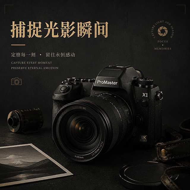 相机宣传海报，高端复古风格，展示黑色专业数码相机，背景为简约深灰色，点缀摄影相关元素，画面简洁高级，突出相机质感，左上角加醒目标题文字"捕捉光影瞬间"