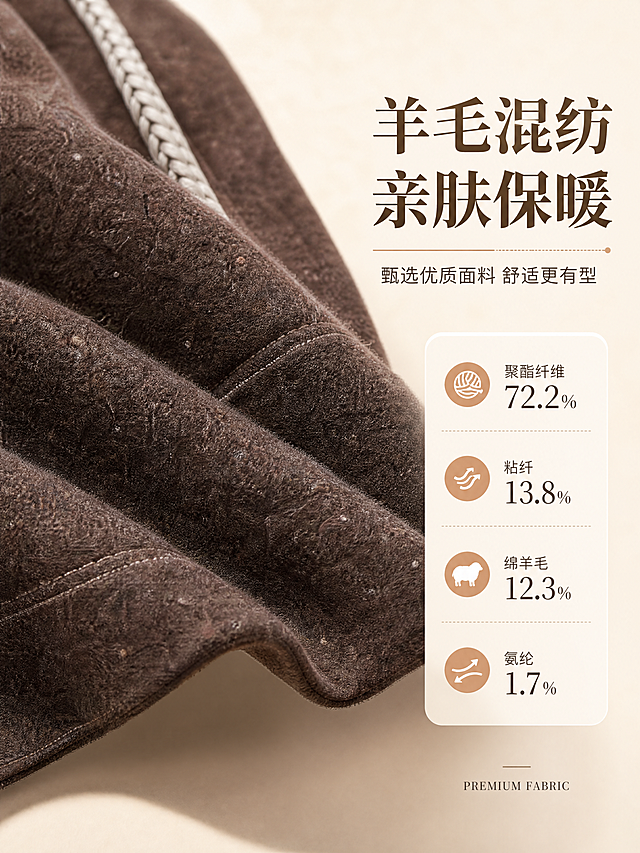 [商品] 使用【图8】咖色抽绳羊毛休闲阔腿裤，取裤身面料局部做质感展示；商品处理：保留咖色杂点毛呢面料的纹理、颗粒感、颜色、织物质地，放大展示面料细节；增强面料肌理与羊毛混纺的高级质感，不改变面料成分和颜色。
[画面] 目标：面料成分页，突出羊毛混纺高端材质。构图：竖版3:4，左侧大面积面料微距特写（占画面60%），右侧文字信息区（占40%）；面料特写中可隐约看到裤身抽绳或缝线细节增加真实感。背景：浅米杏色柔焦背景，面料悬浮或平铺，下方有柔和投影。阅读动线：右侧标题→成分列表→面料特写。
[视觉] 套系策略：风格=韩系温柔通勤杂志风；标题字=优雅衬线粗体（宋体类）；正文字=简洁无衬线体；主色=暖棕咖色；背景延展=基于暖棕咖+米杏做深浅层级、同色渐变和细腻肌理质感；强调色=奶橘棕，仅用于小面积标签、引线和装饰线；标题色=深炭棕；正文色=中暖灰；组件=圆角浅底信息卡、细棕线引线、面料小图标；光影=顶部柔和漫射光，突出面料肌理。
[文字] 右侧顶部主标题「羊毛混纺 亲肤保暖」，副标题「甄选优质面料 舒适更有型」；下方成分列表：「聚酯纤维 72.2%」「粘纤 13.8%」「绵羊毛 12.3%」「氨纶 1.7%」，每项前加小圆点图标。底部小号英文「PREMIUM FABRIC」。所有文字横排，清晰可读。
[规格] 图片比例3:4竖版，分辨率4K，quality=medium。避免变形、错字、文字过小、冷蓝背景、面料颜色改变、其他模特出现。