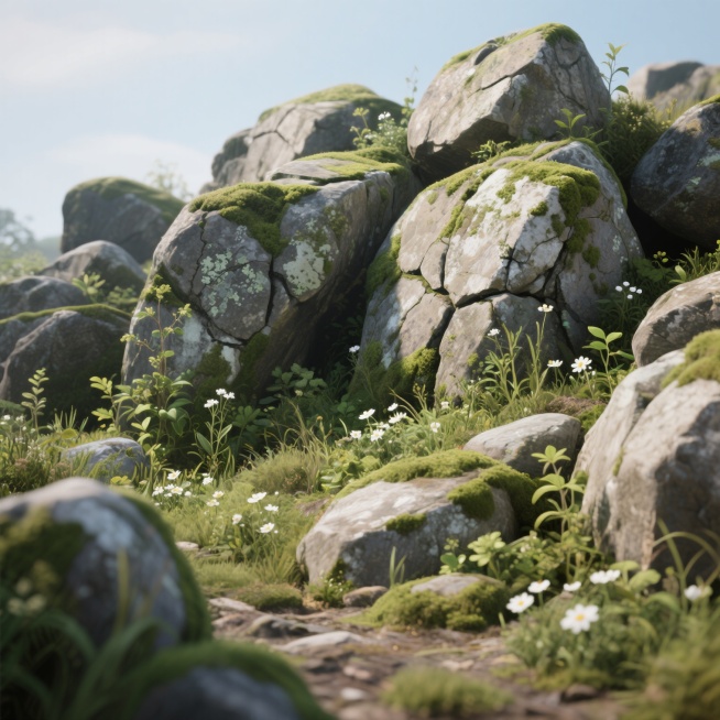 写实风格的石头与植物组合，高细节描绘，岩石表面有自然的纹理、裂缝和风化痕迹，覆盖着青苔和地衣，搭配各种小型绿色植物、杂草和白色小花，色彩真实自然，光影效果细腻，呈现出野外自然环境中的石头堆景观，具有立体感和质感，适合用于游戏场景或自然插画素材。预览效果
