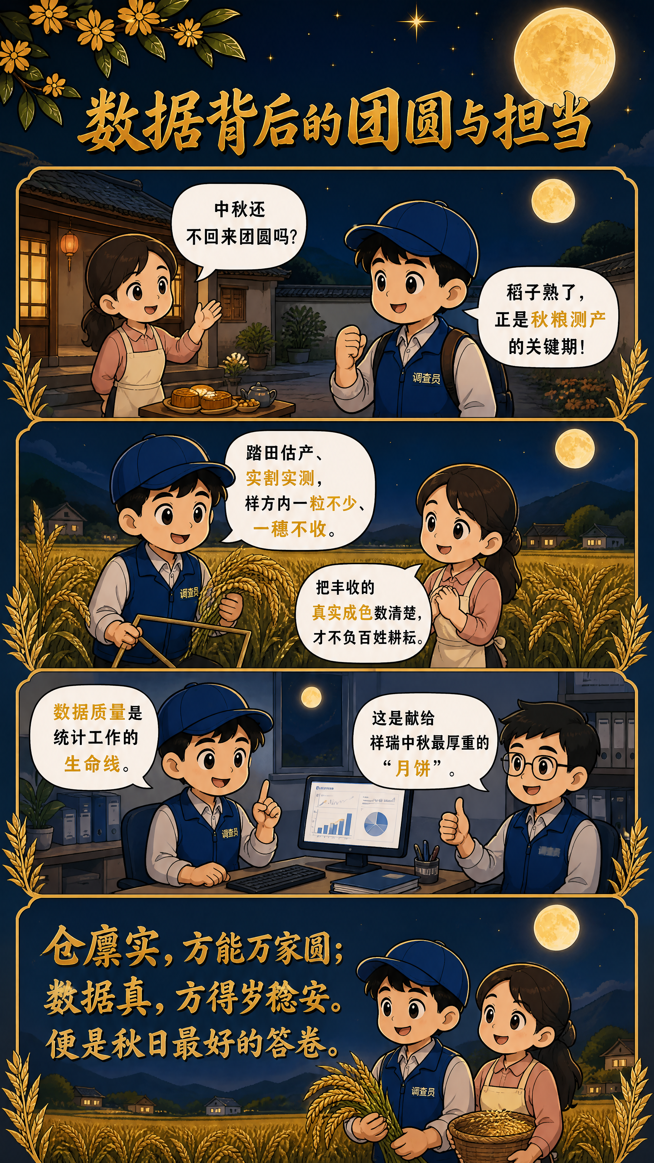 竖版四格漫画长图，深蓝色夜空背景配金色星光、金黄稻穗、一轮圆月… - 图片创意预览
