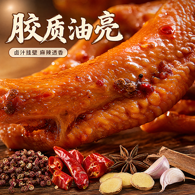 [主图-3] 麻辣鲜香鸭掌 主图第三张，唯一任务：微距放大卤汁挂壁的胶质纹理，并陈列真实香辛料原料。
[统一基调] 中式国风食欲风格；背景主色为暖棕木纹配暖橘光晕；主标题字色米白暖黄并带深棕细描边；辅助字色浅金；强调色辣椒红与花椒橘；主标题使用厚重手写书法体，说明文字使用清爽黑体，全图仅这两种字体外观；主标题最大最粗，辅助文案字号缩小一半以上；组件统一为米白半透明圆角小标签配暖棕细描边，不使用厚重色块、通栏与边框。
[画面] 超微距特写输入图中的卤制麻辣鸭掌表皮，一只鸭掌局部放大占画幅约 75%，保持红棕油亮、挂满酱汁与辣椒碎的原始外观。表面胶质呈半透明琥珀色，酱汁沿曲面缓慢挂壁并形成轻微拉丝，纹理褶皱、细小毛孔与嵌入的花椒碎清晰可见，油光成片分布。画面下四分之一为浅景深的原料陈列小景：真实的整颗花椒、干辣椒段、八角、桂皮、姜片与蒜瓣各自独立清晰、形态准确自然，不是通用素材堆叠。
[光影质感] 微距商业摄影，暖阳逆光穿透胶质表面，形成通透高光与细小光斑，周围有柔和暖橘光晕与轻微接触影，整体暖调通透。
[配色] 暖棕、暖橘、辣椒红为主，米白与浅金作文字色，整体暖色统一。
[文字版式] 画面左上负空间横排：主标题“胶质油亮”为米白暖黄厚重书法大字，其下一行辅助文案“卤汁挂壁 麻辣透香”为浅金小字黑体，不压住微距主体、不竖排、文字内不加逗号。
[输出要求] 1:1 正方形，微距纹理与原料清晰可辨，文字锐利；负向：纹理糊成一团、原料形态错误、产品变形、油光发灰、错字漏字、水印、平台 Logo。