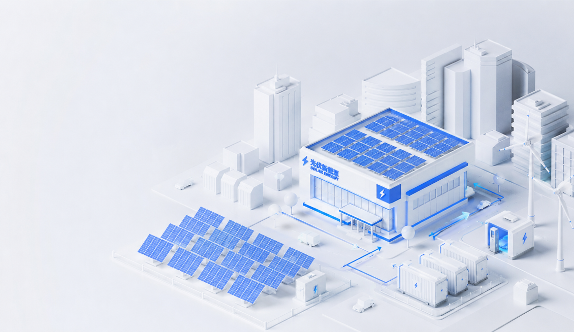 参考原图片的3D简约城市风格，重新生成光伏新能源场景，包含太阳能光伏板，简约白蓝色调，C4D风商业场景图预览效果
