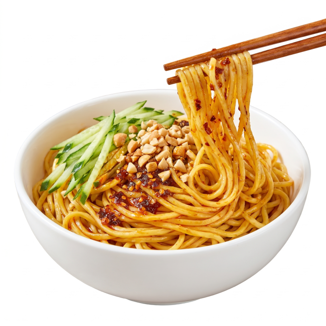 参考提供的图片，生成一张1:1的新疆黄面美食素材图，黄面色泽金黄，搭配黄瓜丝、辣椒油和花生碎，清晰展示美食细节，白底商业摄影风格预览效果