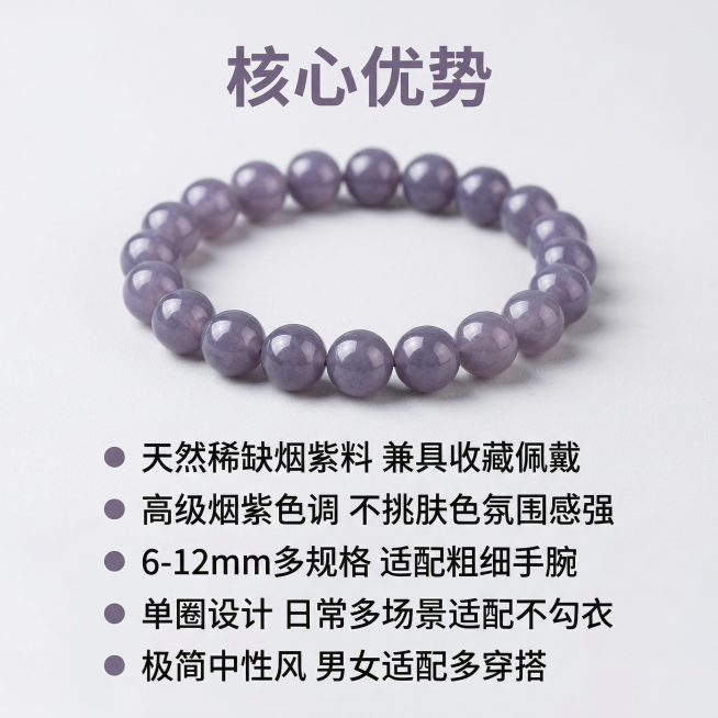 基于用户上传原图，保持和田玉烟紫圆珠手串产品外观不变。主图主题：核心卖点一览。氛围风格：舒适高级清冷氛围感，极简中性风。画面元素：和田玉烟紫圆珠手串放置在浅灰色简约背景中，手串放置在画面上半部分，下半预览效果