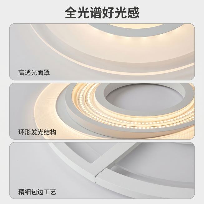 [主图-3] 超薄吸顶灯全光谱透光效果细节展示图。[氛围风格]现代极简风，专业品质展示；[画质]商业摄影质感、光线柔和通透、产品清晰真实、画面干净高级。[元素]保持输入产品图中超薄吸顶灯的外观（物理结预览效果