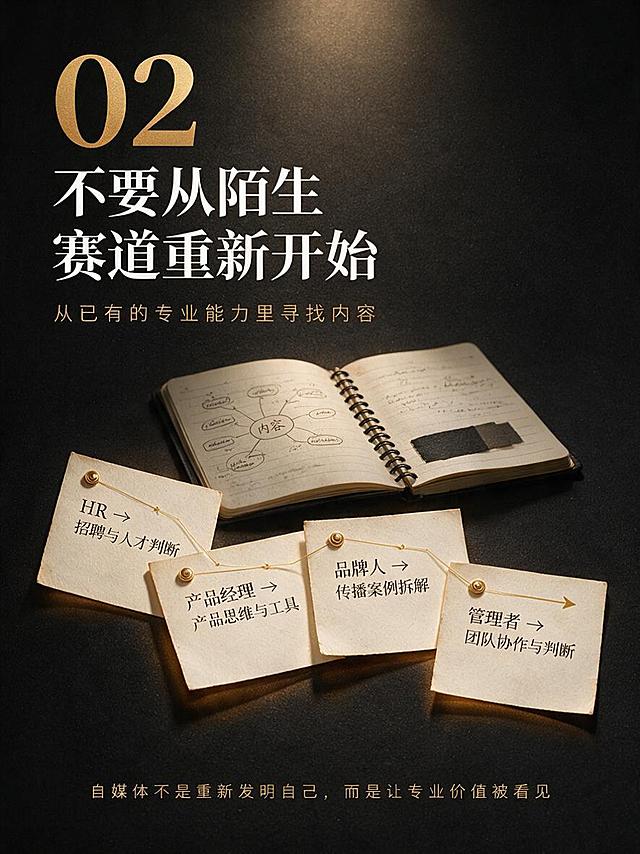 3:4竖版小红书图文内页，深黑色哑光背景，高级商业杂志拼贴风格。画面上方左侧大号金色数字"02"，数字下方白色粗衬线标题："不要从陌生赛道重新开始"。标题下方一行金色小字："从已有的专业能力里寻找内容"。画面中下部横向排列四张迷你卡片，呈轻微倾斜错落排布，每张卡片为米白色做旧纸张质感，卡片上分别用黑色小字标注："HR → 招聘与人才判断"、"产品经理 → 产品思维与工具"、"品牌人 → 传播案例拆解"、"管理者 → 团队协作与判断"。卡片之间用细金色线条连接，形成一条从左到右的箭头路径，暗示"主业能力→内容输出"。卡片上方有一本翻开的笔记本，页面上有手写的思维导图（模糊处理）。暖金色顶光从上往下打，卡片有轻微投影。底部金色小字："自媒体不是重新发明自己，而是让专业价值被看见"。整体色调深黑 + 暖金 + 米白，排版上字下图，层次分明。