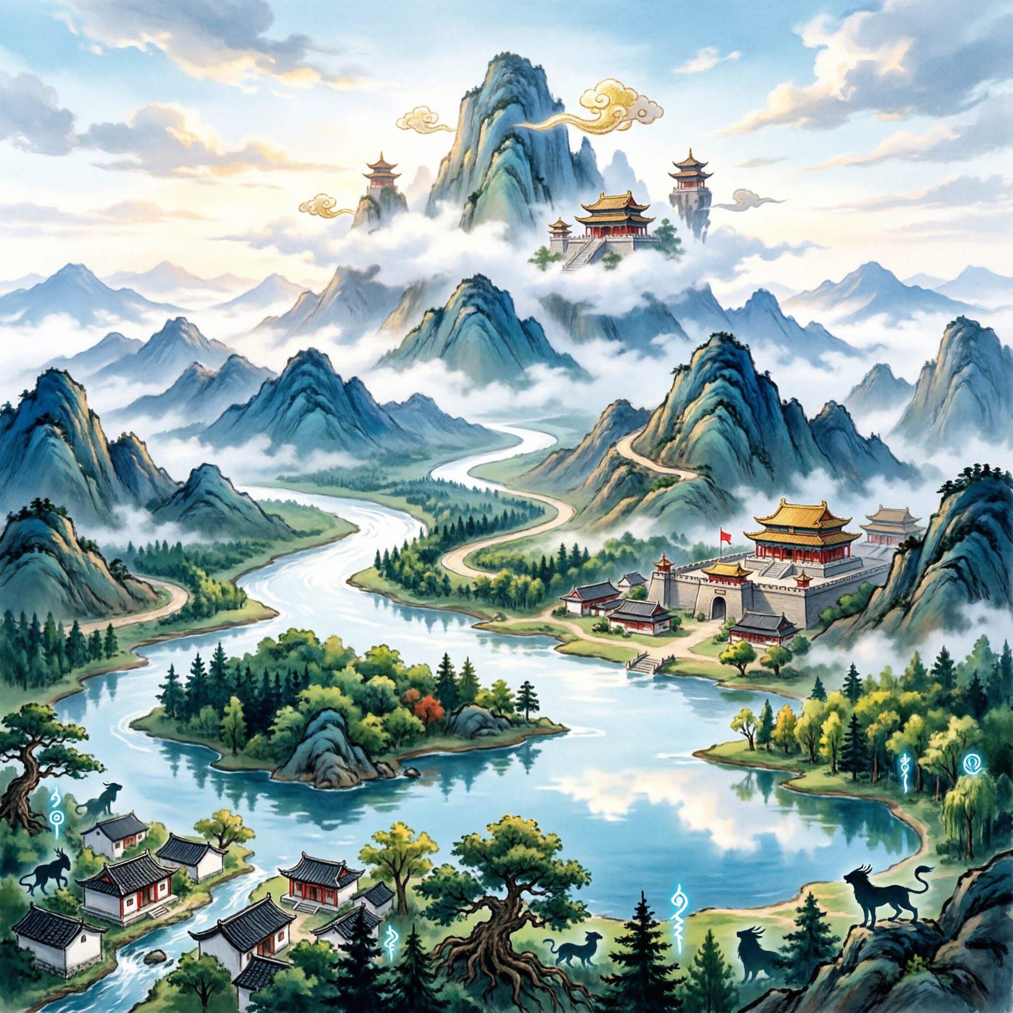 神州大陆，东方奇幻风格的广袤大陆全景，壮丽的山川河流，云雾缭绕… - 图片创意预览