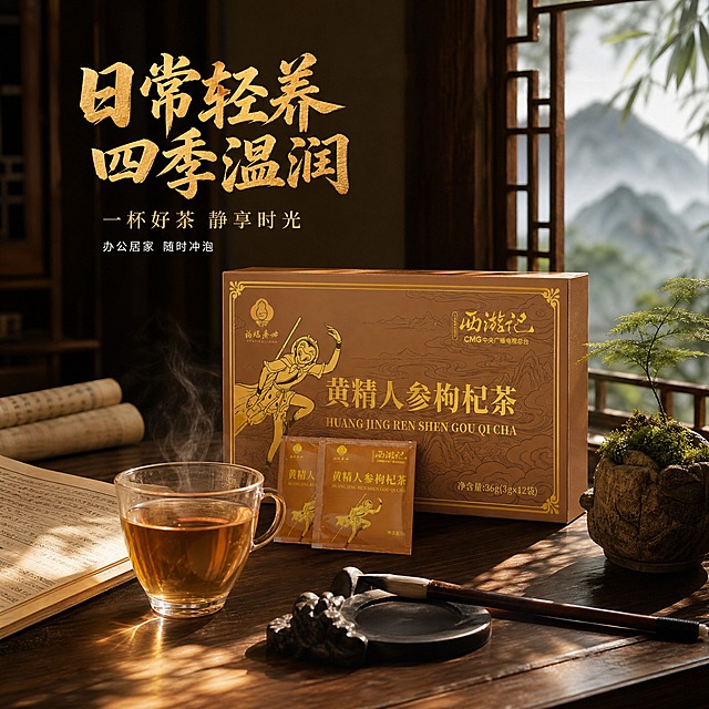 [主图-6] 冲泡场景图，任务是展示日常饮用场景，传递日常轻养的生活方式，增强代入感。
[统一基调] 京东1:1主图，国风调性，中式窗景山水意境，暖棕金色系，深棕背景配烫金文字与线条，稳重典雅有品质感；主标题用粗厚国风书法体烫金色，副标题用细宋体浅金色，小字用简洁黑体米白色；整体文字占比小于30%，一图一重点，画面干净不杂乱。
[画面] 画面呈现中式书房或茶室一角的日常饮用场景，深色木质书桌上，左侧放着翻开的古籍或卷轴，旁边有一支毛笔和砚台，增添文人雅趣；书桌中央放着福旺济世西游记联名黄精人参枸杞茶礼盒，礼盒旁放一只冒着热气的透明玻璃茶杯，茶汤琥珀色透亮；礼盒边放两袋茶包；书桌一角有一小盆文竹或兰草点缀；背景是中式花格窗，窗外是朦胧的竹林或山景，柔和的午后阳光从窗格洒入，在桌面形成斑驳光影；整体场景温馨雅致，传递日常轻养的生活方式；产品在场景中自然摆放，主体清晰。
[光影质感] 生活方式摄影质感，柔和自然的午后窗边光，主光从右侧窗格洒入，形成温暖的光影斑驳效果；茶汤有热气升腾的朦胧感，礼盒表面有自然的环境反光；桌面木纹清晰，整体氛围温润舒适，有生活气息。
[配色] 主色调深棕、暖棕、烫金、米白；木色桌面、棕金礼盒、琥珀茶汤形成和谐的暖色调；窗外竹林山景为灰绿色调，增加层次与生机；整体色调温暖雅致。
[文字版式] 画面左上角主标题："日常轻养 四季温润"，粗厚国风书法体，烫金色，字号最大；主标题下方副标题："一杯好茶 静享时光"，细宋体，浅金色，字号约为主标题一半；副标题下方小字："办公居家 随时冲泡"，简洁黑体，米白色，字号更小；所有文字放在左上角负空间，不遮挡场景主体。
[输出要求] 1:1正方形，2048×2048，2K分辨率，文字清晰无错字，场景自然有生活感，产品融入场景不突兀；禁止出现京东Logo、水印、二维码、绝对化用语、医疗功效宣称，禁止人物出现、产品变形悬浮。