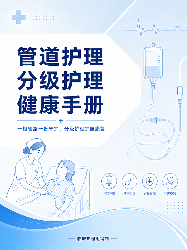 医疗管道护理健康小册子封面，标题文字"管道护理分级护理健康手册"，副标题"一根管路一份守护，分级护理护航康复"，临床护理组编制，简洁专业医疗风格，蓝白配色，干净整洁