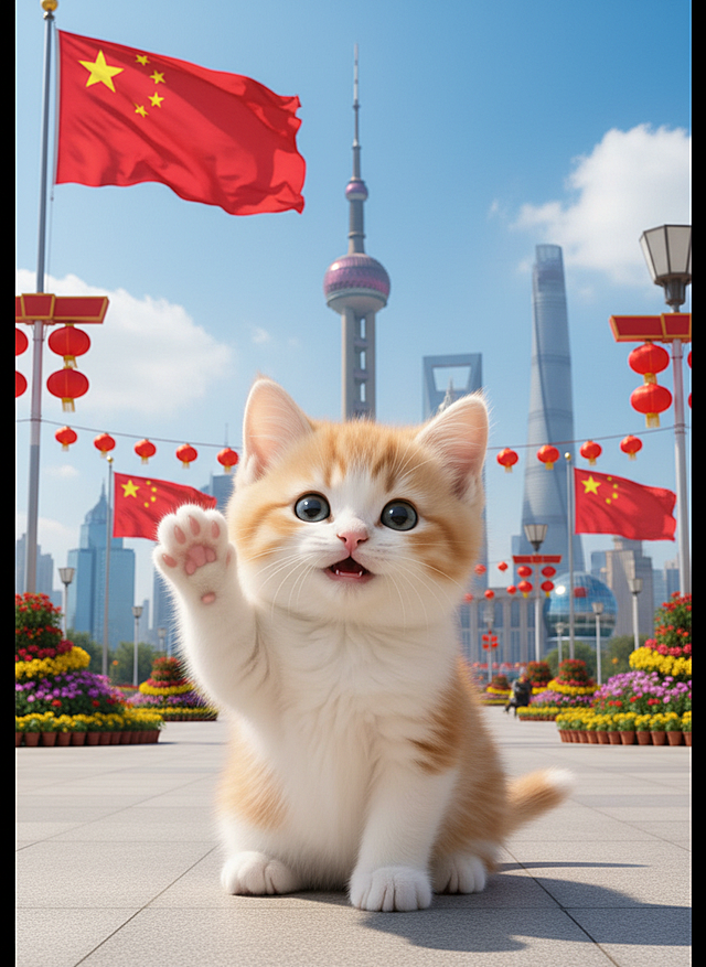软3D风格萌猫挥手致意，融合毛发生长细节与虚拟现实质感，背景上海地标与红灯笼营造喜庆氛围，传递可爱梦幻的国庆节节日祝福。