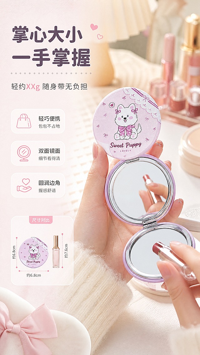 [商品] 使用【图1】圆形粉色Sweet Puppy款折叠化妆镜（打开状态）；保留翻盖结构、双面镜面、PU皮面、蝴蝶结小狗图案与英文文字、金属铰链，不改变形状颜色图案；修复反光，使镜面清晰。
[画面] 使用体验页，目标展示手持补妆真实感与小巧尺寸，右侧大区域为亚洲年轻女性手部自然持握打开的镜子补妆特写（只拍手和镜子，不露全脸），镜子在掌心显得小巧精致；左侧留白放文案和尺寸对比示意；背景为温馨梳妆台一角，有口红、粉饼等化妆品虚化；暖光营造日常化妆氛围。
[视觉] 套系策略：风格=软萌治愈系少女风商业摄影；标题字=圆润粗黑体圆角无衬线；正文字=简洁圆角无衬线体；主色=马卡龙浅紫+奶油白；背景延展=基于浅紫奶油白做深浅层级、同色渐变和细腻纸张/织物质感；强调色=樱花粉，仅用于小面积图标、引线和标签；标题色=深紫灰；正文色=中暖灰；组件=圆角浅底信息卡、圆点装饰、曲线引线；光影=左前侧暖柔光，柔和阴影。
[文字] 左上主标题"掌心大小 一手掌握"，副标题"轻约XXg 随身带无负担"，下方3个体验卖点：「轻巧便携 包包不占地」「双面镜面 细节看得清」「圆润边角 握感舒适」，文字全部横排，不遮挡手部和镜子主体。
[规格] 淘宝/天猫详情页单屏9:16竖版，分辨率4K，负向提示：避免变形、错字、文字过小、冷蓝/蓝灰背景、产品颜色改变、图案错乱、镜面严重反光、绝对化用语、露全脸。