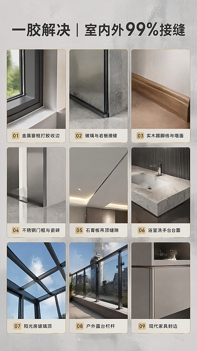 [第2屏] 详情页应用场景-沉浸式九宫格，竖版9:16比例。画面背景为浅灰色水泥艺术漆质感，整体色调柔和高级。画面均匀分为3×3共9个小方格，每个方格边缘带有细金色边框，每个方格内展示一个高清家装接缝应用特写场景：1.金属窗框打胶收边 2.玻璃与岩板接缝 3.实木踢脚线与墙面 4.不锈钢门框与瓷砖 5.石膏板吊顶缝隙 6.浴室洗手台台面 7.阳光房玻璃顶 8.户外露台栏杆 9.现代家具封边。所有场景光影细腻柔和，突出高级家装质感。画面顶部中央用大号无衬线字体写主标题“一胶解决 | 室内外99%接缝”，文字清晰醒目不遮挡场景画面。整体干净整洁，高级感拉满，无多余杂乱元素。