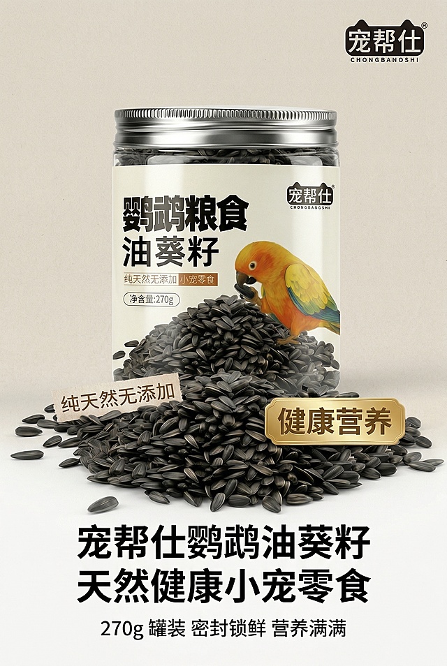 严格还原上传的产品图，包括包装设计、颜色、LOGO位置、文字内容、图案元素等所有细节，产品为宠帮仕鹦鹉粮食油葵籽（小宠零食），规格270g罐装，与真实物理空间物体比例协调，避免突兀。主视觉：透明PET罐 + 银色金属旋盖完整居中展示，标签上「宠帮仕」LOGO、「鹦鹉粮食 油葵籽」大字、「纯天然无添加 小宠零食」、「净含量：270g」及写实鹦鹉啄食油葵籽插画1:1还原，内部黑色饱满油葵籽清晰可见，背景为浅米色简约质感背景。主标题：「宠帮仕鹦鹉油葵籽 天然健康小宠零食」，副标题：「270g 罐装 密封锁鲜 营养满满」，文字采用粗体无衬线字体，颜色为纯黑，主标题居中放大，副标题居下居中，排版精致如杂志风，视觉干净直观，高清质感，风格统一。禁止修改产品包装（罐型、金属盖、标签文字/插画/配色），禁止模糊内部油葵籽细节，禁止风格割裂，禁止文字字体杂乱/颜色杂乱，禁止添加无关装饰元素，禁止改变产品罐装尺寸比例，避免产品与背景比例突兀。