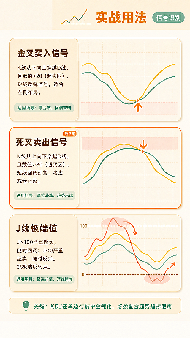 小红书金融策略图文第3页，9:16竖版，暖色ins风，图文并重。留白要求：左上角15%宽×10%高的区域保持页面底色暖米色(#F5EDE0)，不放任何装饰图标、标签或花纹，保持干净留给Logo。最底部100%宽×8%高的横条保持页面底色奶油白(#FFF8F0)，不放任何装饰元素，留给免责声明。顶部标题区（避开左上角Logo区）：暖米色(#F5EDE0)横条，12%高度，焦糖橘色(#E8923A)粗体"实战用法"，右侧薄荷绿(#5CB8A6)标签"信号识别"，左侧有小折线图装饰（位置避开左上角）。主体区域（底部止于免责声明区上方）：奶油白(#FFF8F0)背景，三个场景卡片纵向排列，每个卡片分左右两区，卡片有大圆角和暖色阴影：卡片1：金叉买入信号，左侧45%：暖米色底色文字区，大圆角，标题"金叉买入信号"，深棕色粗体，说明"K线从下向上穿越D线，且数值<20（超卖区），短线反弹信号，适合左侧布局。"，底部薄荷绿标签"适用场景：震荡市、回调末端"，右侧50%：KDJ指标走势图，二条线：K线、D线，流畅曲线，圆润柔和（只要黄色K线，和绿色D线，颜色不要串，不要多画线），K线在超卖区(<20)向上穿越D线，焦糖橘色向上箭头标记交叉点，箭头圆润可爱，暖米色网格背景，线条极淡，无文字坐标，整体图表风格柔和，像手绘但精确。卡片2：死叉卖出信号（最常用，高亮），左侧45%：暖米色底色文字区，标题"死叉卖出信号"，深棕色粗体，说明"K线从上向下穿越D线，且数值>80（超买区），短线回调预警，考虑减仓止盈。"，底部薄荷绿标签"适用场景：高位滞涨、趋势末端"，右上角"最常用"焦糖橘色小标签，右侧50%：KDJ指标走势图，K线在超买区(>80)向下穿越D线（只要黄色K线，和绿色D线，颜色不要串，不要多画线），焦糖橘色向下箭头标记交叉点，整体卡片有焦糖橘2px边框高亮。卡片3：J线极端值，左侧45%：暖米色底色文字区，标题"J线极端值"，深棕色粗体，说明"J>100严重超买，随时回调；J<0严重超卖，随时反弹。抓极端反转点。"，底部薄荷绿标签"适用场景：极端行情、短线博弈"，右侧50%：KDJ指标走势图，J线极端走势，刺破100和0水平线，柔和砖红色(#D4756B)光晕标注极端区域（饱和度降低，不刺眼），显示反转形态。底部提示框（位于免责声明区上方）：暖米色圆角矩形，薄荷绿色文字"💡 关键：KDJ在单边行情中会钝化，必须配合趋势指标使用"。图表风格要求：线条圆润流畅，有手绘插画的温暖感，颜色柔和不刺眼，拒绝深色背景和冷色调，整体像精品财经杂志的配图。