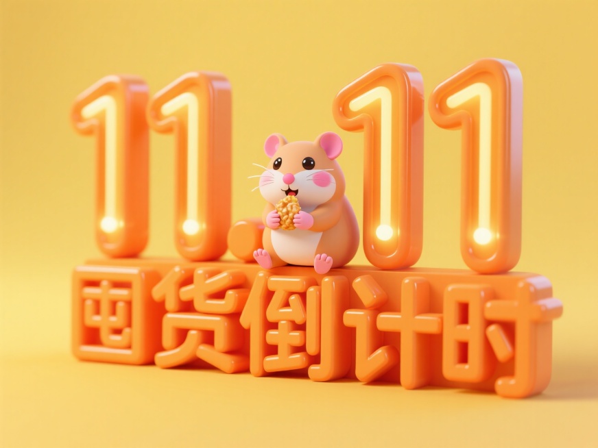 “11.11 囤货倒计时” 立体灯牌橙色艺术字，一只正在吃东西的小仓鼠坐在字体上，整体卡通可爱，背景为干净黄色。预览效果