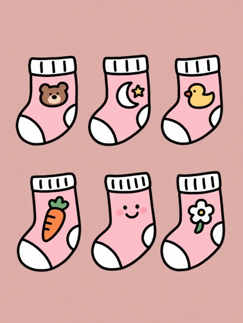 一套6个不同设计的婴儿袜子插画，保持统一的卡通手绘风格，粉色主色调，白色袜口条纹，黑色细轮廓线，每个袜子上有独特的可爱元素：胡萝卜、小熊头、星星、月亮、小鸭子、小花朵，元素带有简单笑脸表情，所有袜子整齐排列在纯色背景上，形成系列感强的素材集合。预览效果