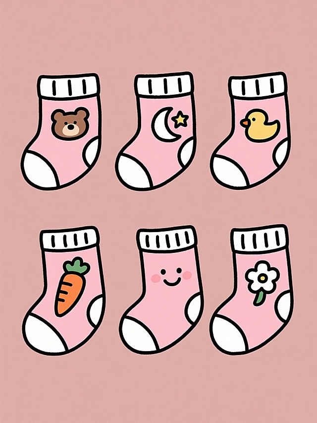 一套6个不同设计的婴儿袜子插画，保持统一的卡通手绘风格，粉色主色调，白色袜口条纹，黑色细轮廓线，每个袜子上有独特的可爱元素：胡萝卜、小熊头、星星、月亮、小鸭子、小花朵，元素带有简单笑脸表情，所有袜子整齐排列在纯色背景上，形成系列感强的素材集合。