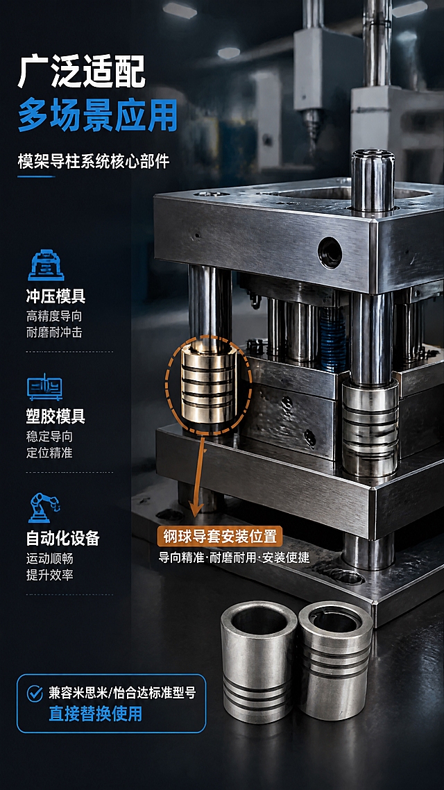 [第3张] 详情页场景适配-模架用钢球导套应用场景展示。本张使用【图1】作为产品主体，嵌入模具装配场景中，产品外观与金属质感保持一致。
[氛围/风格] 工业实景风，模具车间/自动化设备场景，专业真实有代入感，商业摄影质感。
[元素布局] 画面主体为冲压模具/模架的局部装配示意图，钢球导套安装在模架导柱位置，占比约25%；背景为工业车间环境，虚化处理，可见机床、模具钢材、自动化设备轮廓；左侧或右侧配场景说明文字区；画面有工业灯光照明效果。
[光影质感] 工业顶光+侧光照明，金属表面有明显高光反射，模具钢材质感厚重；场景景深较大，前景清晰背景虚化。
[配色色系] 全局底色 #1B2631（深灰蓝）；主色银灰金属色；辅助色 #2E86C1（亮蓝标注）、白色文字；点缀色橙色指示箭头。
[视角构图] 45度斜侧视，场景化构图，阅读动线文字说明 → 产品安装位置 → 整体模具场景。
[文字版式] 左侧文字区竖排，主标题「广泛适配 多场景应用」，副标题「模架导柱系统核心部件」；下方3个应用场景标签「冲压模具」「塑胶模具」「自动化设备」，每个配小图标；用橙色箭头和圆圈标注导套在模架中的安装位置；底部小字说明「兼容米思米/怡合达标准型号，直接替换使用」。
[比例分辨率] 9:16 竖版比例，4K分辨率，文字清晰可辨，高清画质。
[负向提示词] 产品变形，安装位置错误，场景虚假，文字错乱，水印，颜色偏差，比例失调。