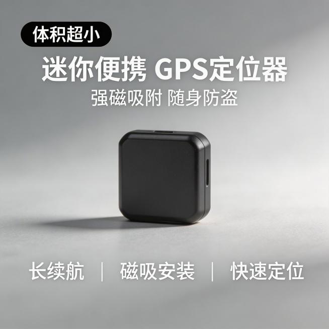 [主图 1] 迷你GPS定位器首图场景展示，主图主题是便携小型黑色定位器。氛围风格为简约清新电商主图，干净简洁专业。画面元素：黑色迷你定位器放置画面中心，体积小巧突出便携性，背景为简约浅灰色渐变磨砂背预览效果